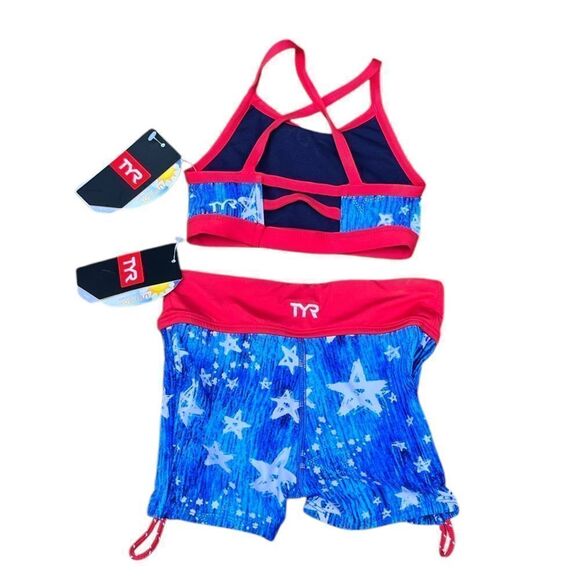TYR Red and Blue Star Swim Top and Shorts, Size XS Girls - Picture 2 of 6